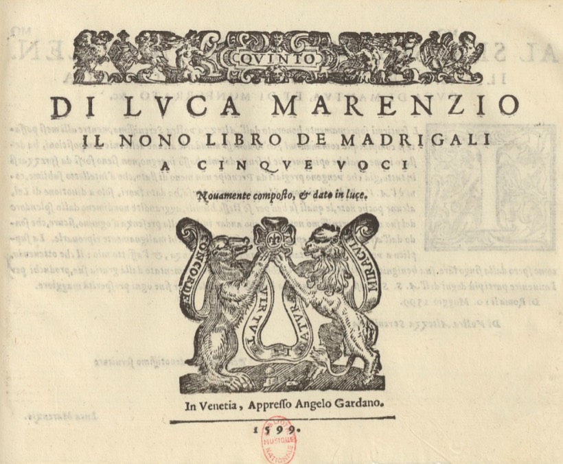 Strona tytułowa druku madrygałów Luki Marenzia, Wenecja 1599