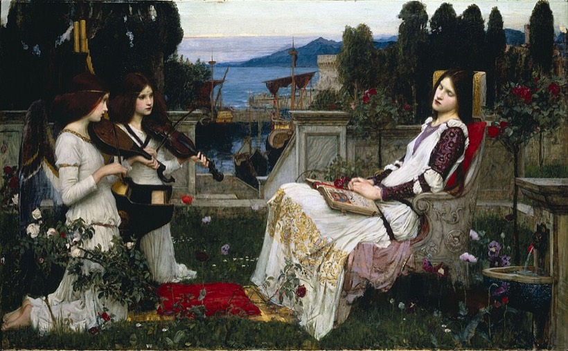 Obraz Waterhouse’a: święta Cecylia słucha anielskich skrzypiec w ogrodzie nad zatoką